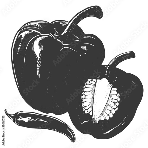 Bell Pepper or Paprika sliced full with old engraving sketch style