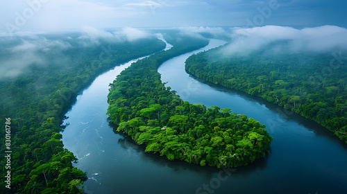 mesmerizing image of Amazon Rainforest lush green canopy stretching horizon winding river meandering through dense jungle world's largest tropical rainforest biodiversity hotspot vital ecosystem susta photo