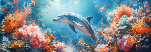 Illustration of dolphin swimming undersea in sunlight.