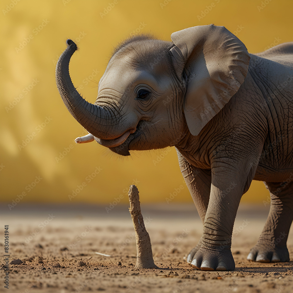 Fototapeta premium A charming 2D cartoon features a baby elephant. The adorable creature stands on its hind legs, gazing upwards with curiosity, against a cheerful yellow backdrop. (This focuses on the charming aspect a