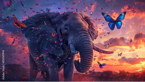 a majestic elephant, adorned with a vibrant butterflies perched on its enormous ears photo