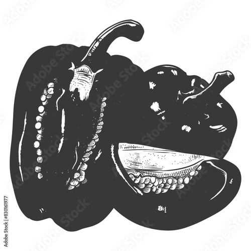 Bell Pepper or Paprika sliced full with old engraving sketch style