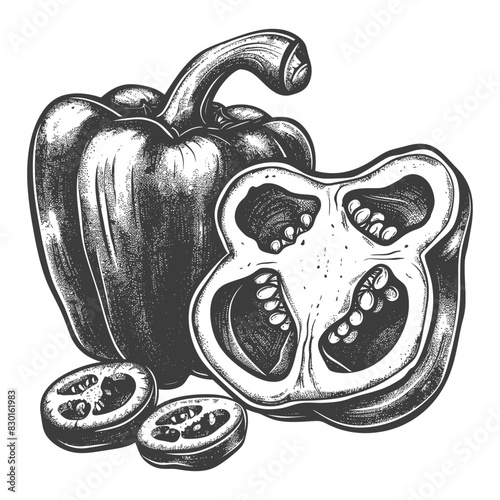 Bell Pepper or Paprika sliced full with old engraving sketch style