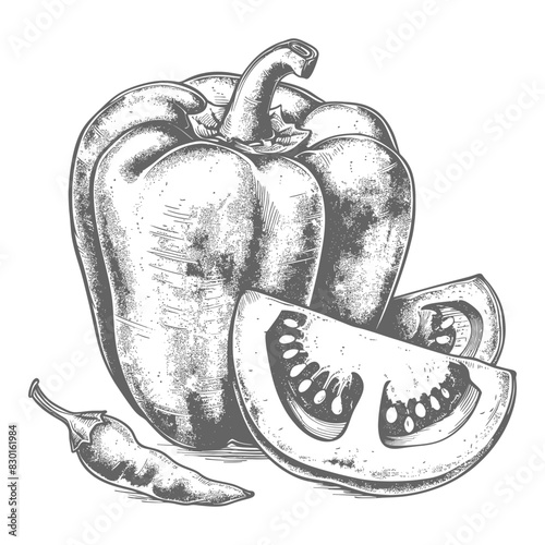 Bell Pepper or Paprika sliced full with old engraving sketch style