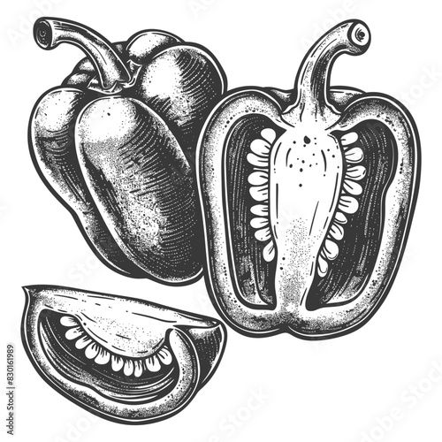 Bell Pepper or Paprika sliced full with old engraving sketch style