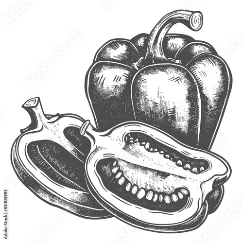 Bell Pepper or Paprika sliced full with old engraving sketch style