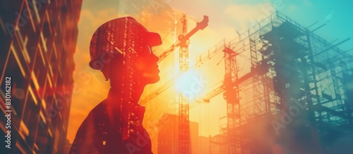 Industrious Crane Operator Amidst Steel Beams A Vivid Double Exposure Silhouette photo