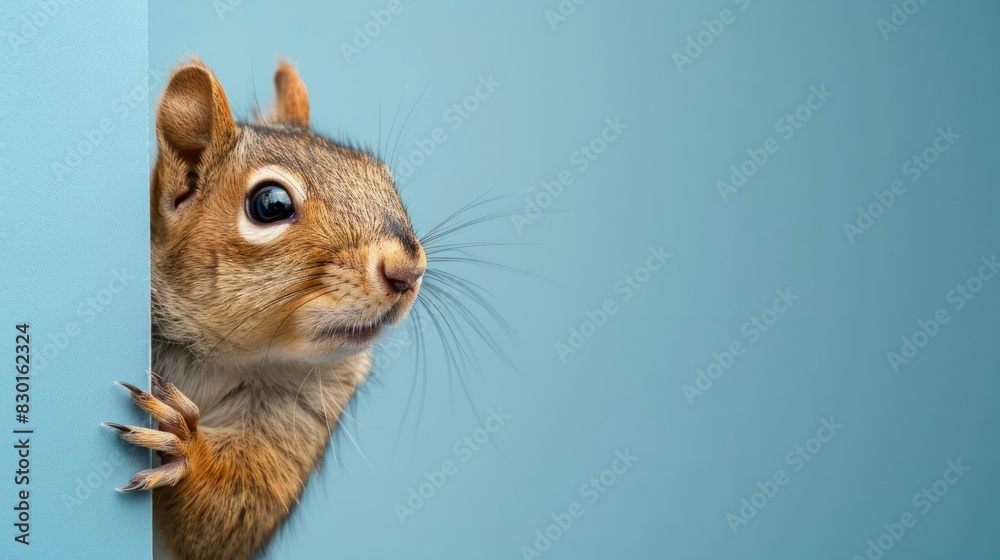 Surprised squirrel, sciurus, cautiously peeks around a corner, against a blue background, created with Generative AI technology. Copy space. Surprised squirrel, sciurus, cautiously peeks around a corner, against a blue background, created with Generative AI technology. Copy space.