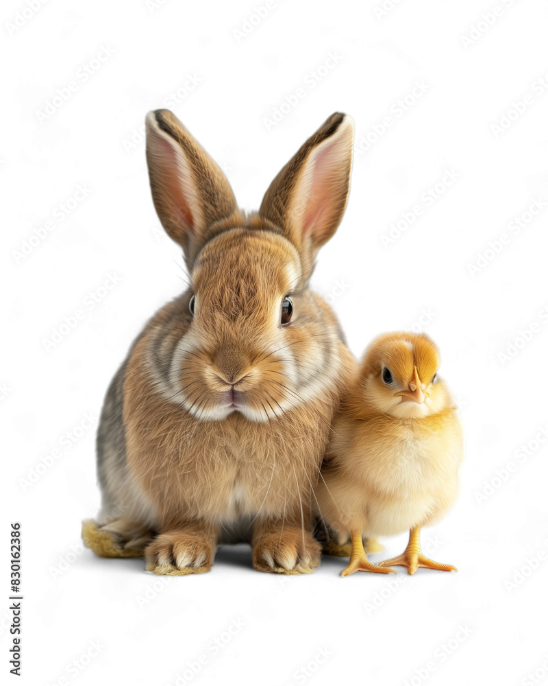 Obraz premium Adorable Rabbit and Chick Sitting Together, Isolated on Transparent Background, PNG