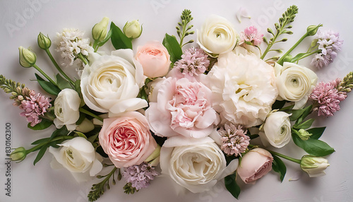 Disposizione  flat lay  di un bouquet romantico composto da rose  peonie e lisianthus dai colori pastello.