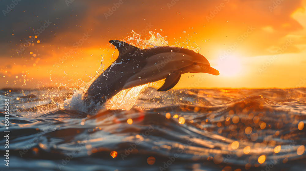 Fototapeta premium A dolphin is jumping out of the water in the ocean