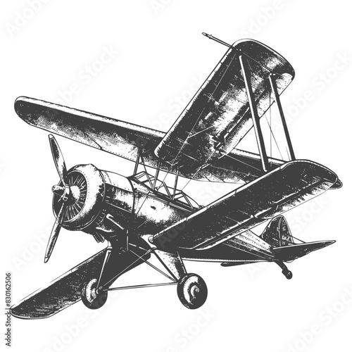 Biplane Aircraft full with old engraving sketch style