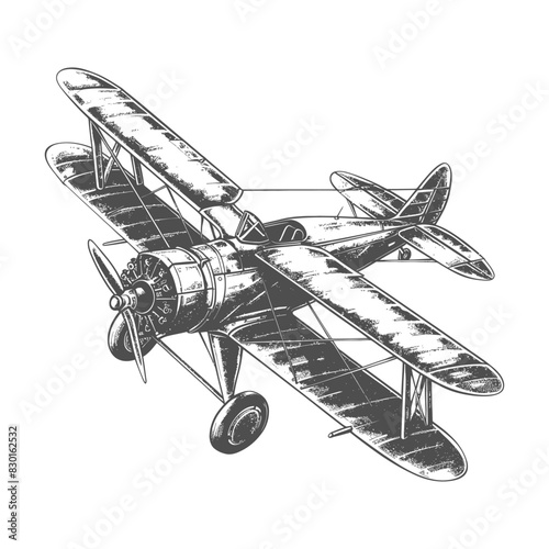 Biplane Aircraft full with old engraving sketch style