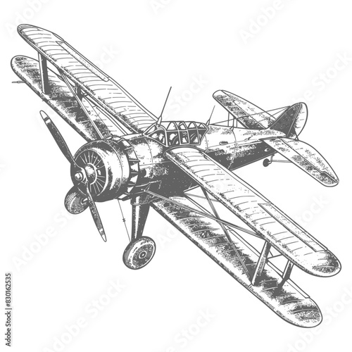 Biplane Aircraft full with old engraving sketch style