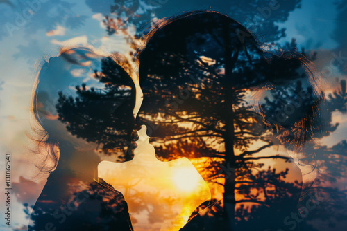 Double exposure of woman and child, silhouette portrait with double exposure of trees in a sunset sky. The concept symbolizes family love between mother, father and kid