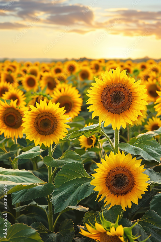 Fototapeta premium A large field of sunflowers under the sunset sky