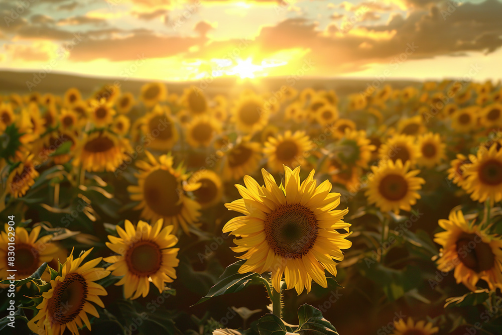 Fototapeta premium A large field of sunflowers under the sunset sky