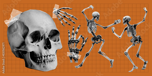Human Skull and Skeleton, Hands. Contemporary dotted shapes with halftone photocopy effect. Vector punk Y2K elements in a brutalism bitmap style for collage design, t-shirts, posters.