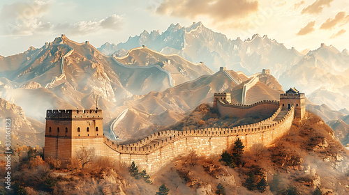 mesmerizing image of Great Wall of China winding way across rugged mountain valley stretching thousand of mile through northern China ancient defensive barrier imposing watchtower fortification stand  photo