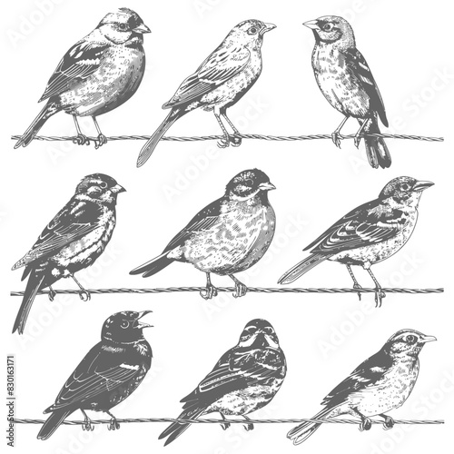 Wallpaper Mural birds on wire full with engraving sketch style Torontodigital.ca