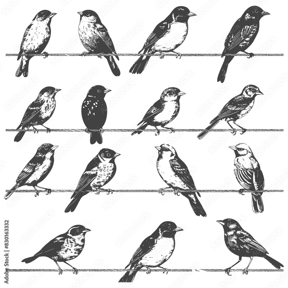 Fototapeta premium birds on wire full with old engraving sketch style