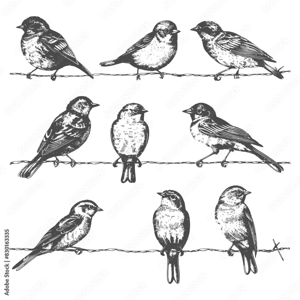 birds on wire full with old engraving sketch style birds on wire full with old engraving sketch style