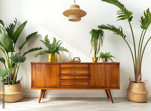 Stylish retro room with a brown wooden sideboard, plants in golden pots and elegant personal accessories, on a white wall background