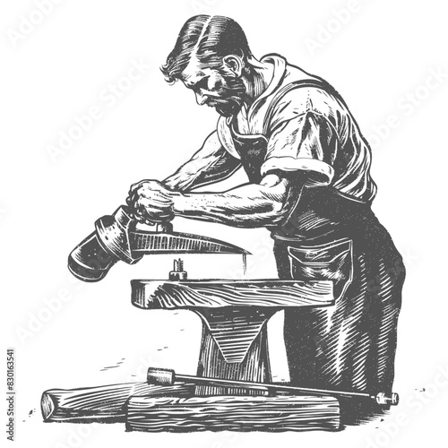 blacksmith in action full with old engraving sketch style