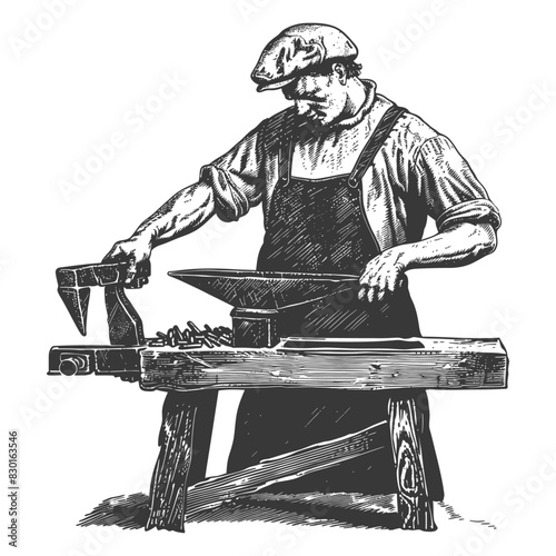 blacksmith in action full with old engraving sketch style