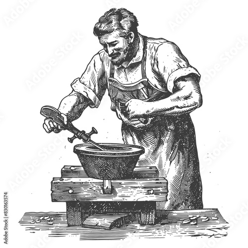 blacksmith in action full with old engraving sketch style