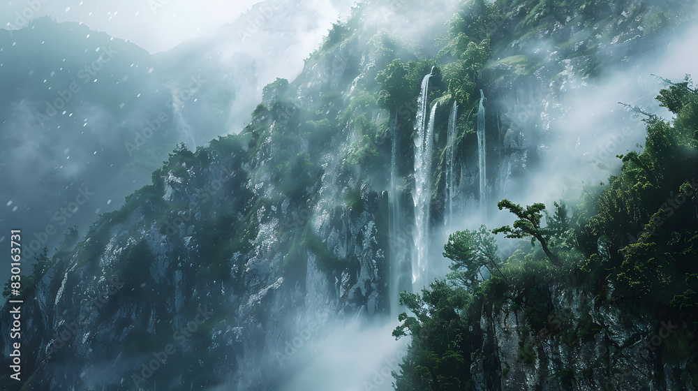 A waterfall with mist in the air A waterfall with mist in the air