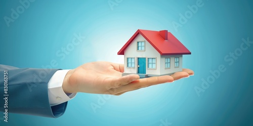 Concept of investment property  Mortgage. hand holding house symbol model  real estate concept. wide banner