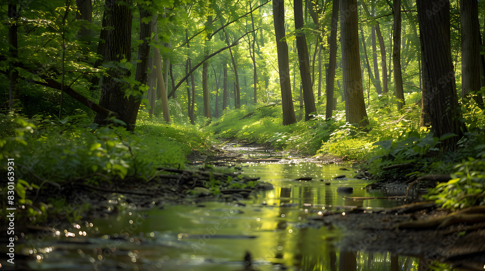 A forest with a stream running through it A forest with a stream running through it