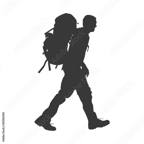 silhouette backpacker man in action full body black color only