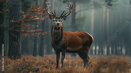 A deer stands in a forest with its antlers raised