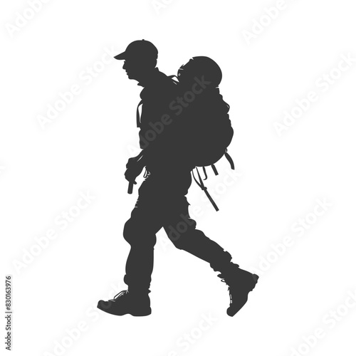 silhouette backpacker man in action full body black color only