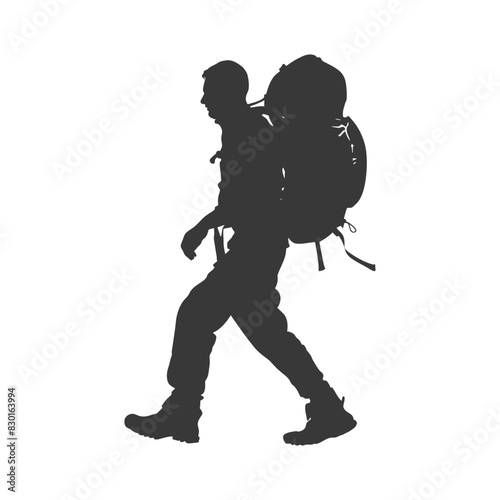 silhouette backpacker man in action full body black color only