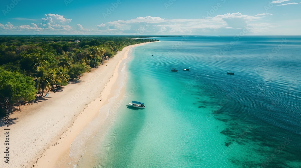 Fototapeta premium Scenic Tropical Beach with Clear Waters and Lush Palm Trees.