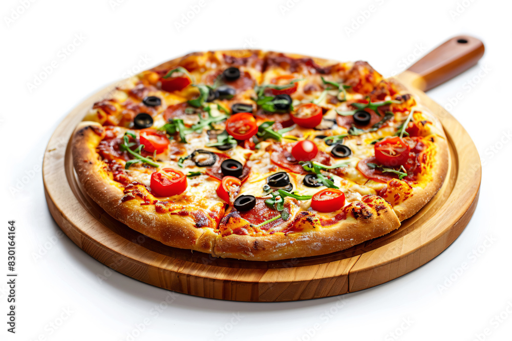 a pizza with tomatoes  olives  and peppers on a wooden board