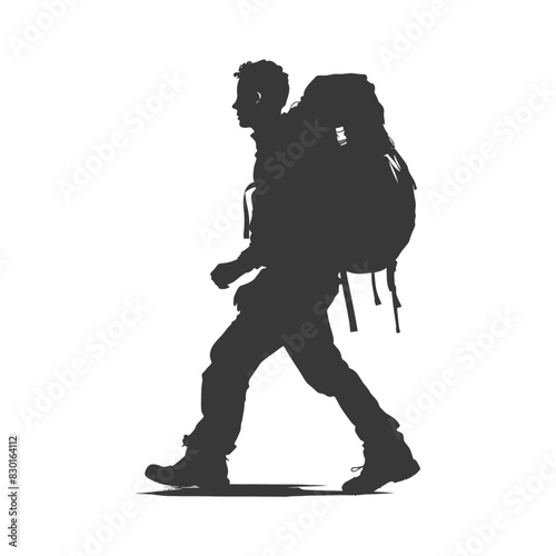 silhouette backpacker man in action full body black color only