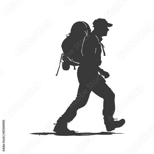 silhouette backpacker man in action full body black color only