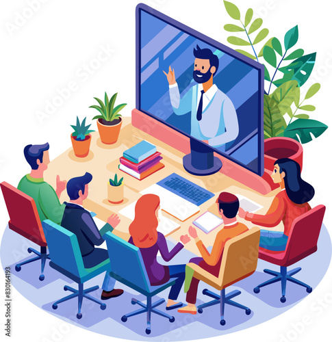 Online Business Meeting, Remote Team Conference, Office Setting, isolated on transparent background.	