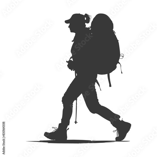 silhouette backpacker woman in action full body black color only