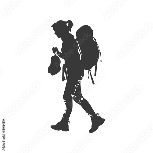 silhouette backpacker woman in action full body black color only