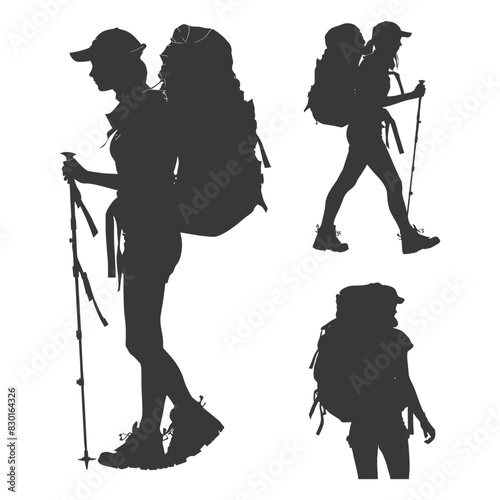 silhouette backpacker woman in action full body black color only