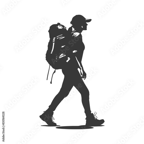 silhouette backpacker woman in action full body black color only