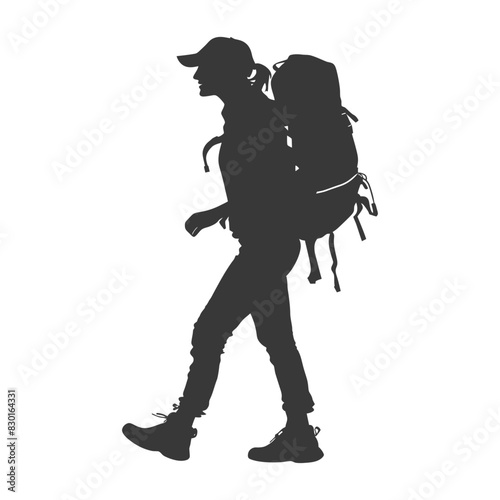 silhouette backpacker woman in action full body black color only