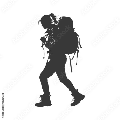 silhouette backpacker woman in action full body black color only