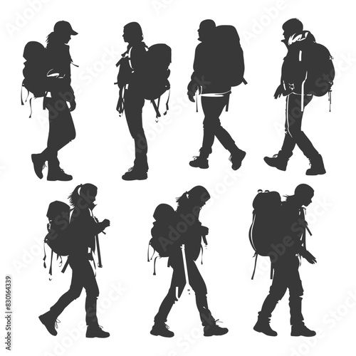 silhouette backpacker woman in action full body black color only
