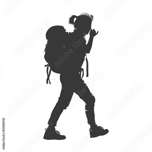 silhouette backpacker woman in action full body black color only